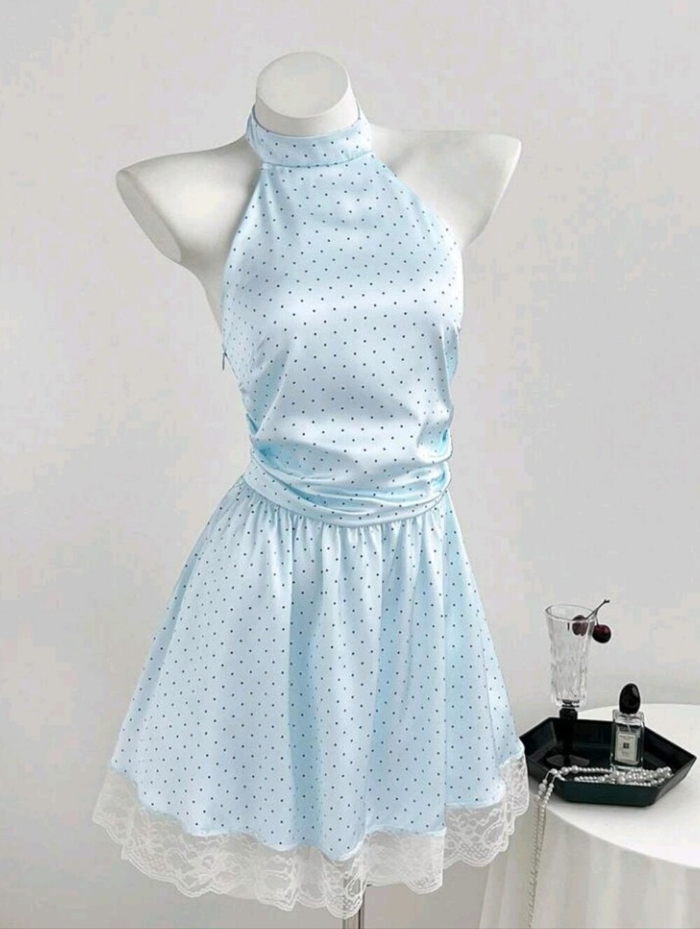 Summer Vacation French Vintage Halter Neck Lace Patchwork Polka Dot Short Dress
